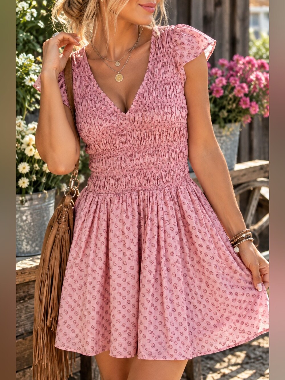 LOFT Petite XS Pink Floral Smocked Fit & Flare Dress Cottagecore